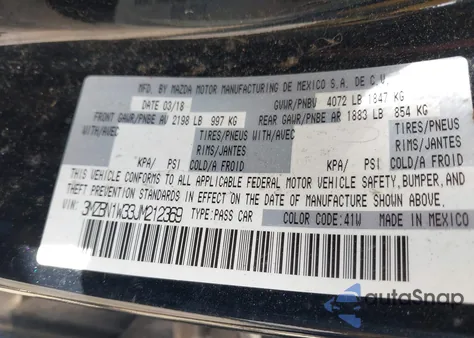 2018 Mazda Mazda3 Grand Touring from USA, damaged, VIN 3MZBN1W33JM212369